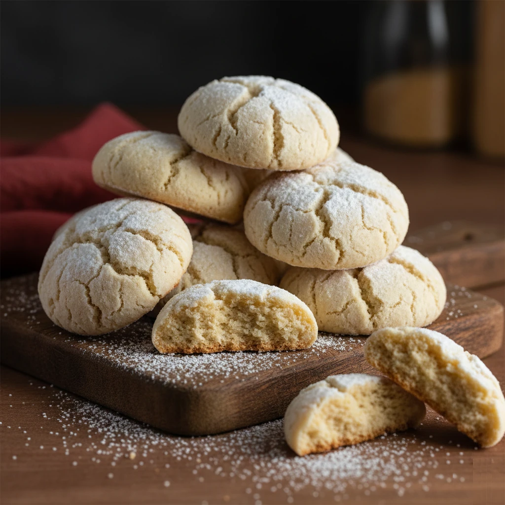 A stack of finished Amaretti Morbidi showing the crackled powdered sugar crust and soft, round shape.