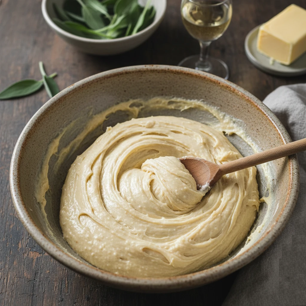 A bowl of sticky, marzipan-like amaretti dough made from almond flour and egg whites.