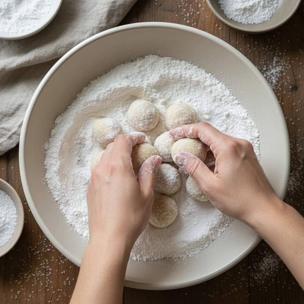 Small balls of almond dough being rolled in a bowl of powdered sugar.